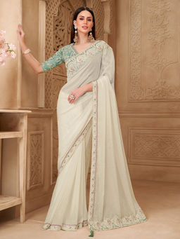 Akhilam - Women Georgette Off White Embroidered Saree with Unstitched Blouse