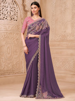 Akhilam - Women Georgette Lavender Embroidered Designer Saree with Unstitched Blouse