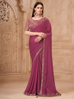 Akhilam - Women Georgette Mauve Embroidered Designer Saree with Unstitched Blouse