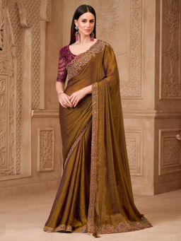 Akhilam - Women Georgette Bronze Embroidered Designer Saree with Unstitched Blouse