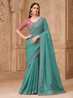 Akhilam - Women Georgette Light Blue Embroidered Saree with Unstitched Blouse