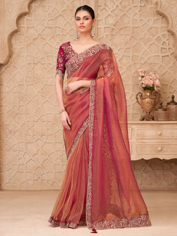 Akhilam - Women Georgette Pink Embroidered Designer Saree with Unstitched Blouse