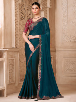 Akhilam - Women Georgette Teal blue Embroidered Saree with Unstitched Blouse