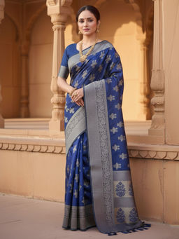 Akhilam - Women Silk Blend Blue Woven Design Designer Saree with Unstitched Blouse