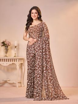 Garden VARELI - Brown Floral Viscose Saree Without Blouse
