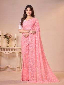 Garden VARELI - Peach Floral Viscose Saree Without Blouse