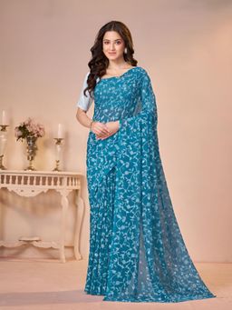 Garden VARELI - Teal Floral Viscose Saree Without Blouse