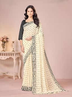 Garden VARELI - Cream Printed Viscose Saree Without Blouse