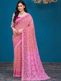 Garden VARELI - Pink Floral Brasso Saree With Unstitched Blouse
