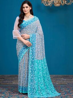 Garden VARELI - Turquoise Floral Brasso Saree Without Blouse