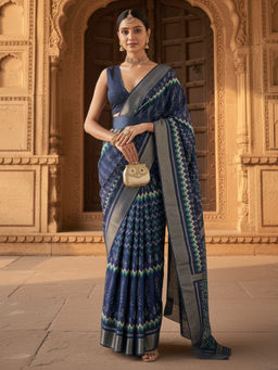Akhilam - Women Silk Blend Navy Blue Woven Design Saree with Unstitched Blouse