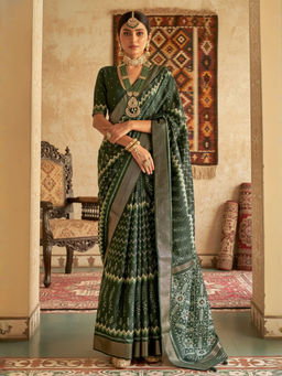 Akhilam - Women Silk Blend Dark Green Woven Design Saree with Unstitched Blouse