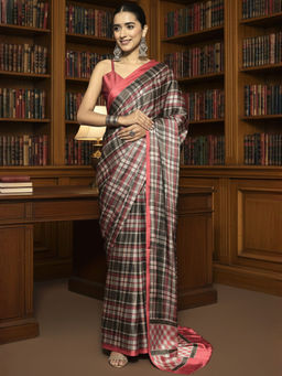 Akhilam - Women Crepe Olive Checks Designer Saree with Unstitched Blouse