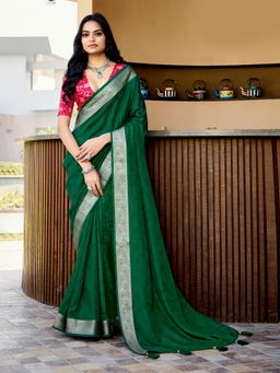 MEENA BAZAAR - Women Green Art Silk Woven Saree Without Blouse