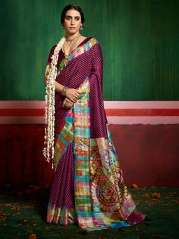 MEENA BAZAAR - Women Wine Art Silk Zari Woven Saree Without Blouse