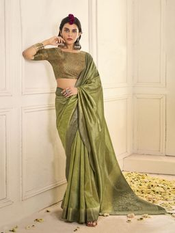 MEENA BAZAAR - Women Green Art Silk Zari Woven Saree Without Blouse