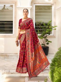 MEENA BAZAAR - Women Maroon Art Silk Floral Printed Saree Without Blouse