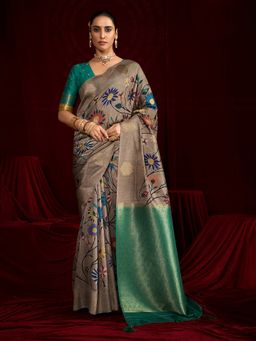 MEENA BAZAAR - Women Beige Art Silk Floral Printed Saree Without Blouse