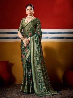 MEENA BAZAAR - Women Green Georgette Woven Saree Without Blouse