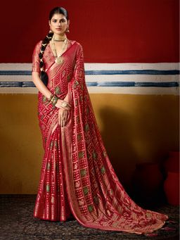 MEENA BAZAAR - Women Maroon Georgette Woven Saree Without Blouse