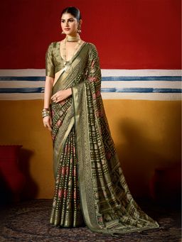 MEENA BAZAAR - Women Green Georgette Woven Saree Without Blouse