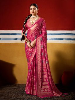 MEENA BAZAAR - Women Pink Georgette Woven Saree Without Blouse