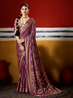 MEENA BAZAAR - Women Wine Georgette Woven Saree Without Blouse