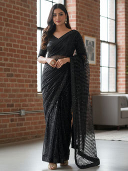 Akhilam - Women Net Black Embellished Designer Saree with Unstitched Blouse