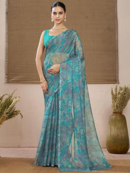 Garden VARELI - Turquoise Abstract Chiffon Saree Without Blouse