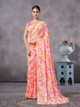 Garden VARELI - Pink Floral Brasso Saree Without Blouse