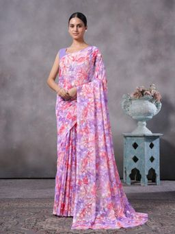 Garden VARELI - Purple Floral Brasso Saree Without Blouse