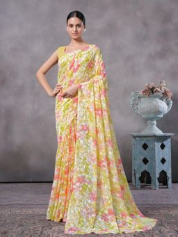Garden VARELI - Yellow Floral Brasso Saree Without Blouse