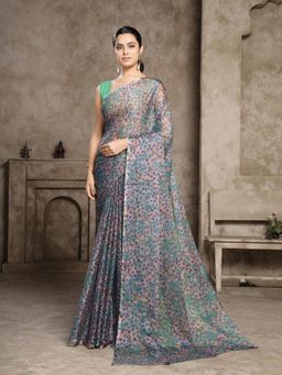 Garden VARELI - Green Floral Chiffon Saree Without Blouse