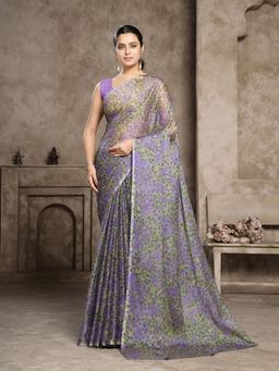 Garden VARELI - Purple Floral Chiffon Saree Without Blouse