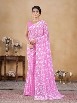 Garden VARELI - Pink Floral Brasso Saree Without Blouse