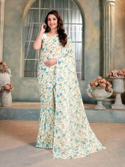 Garden VARELI - Teal Floral Viscose Saree Without Blouse