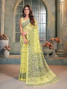 Garden VARELI - Yellow Floral Viscose Saree Without Blouse