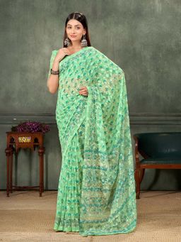 Garden VARELI - Green Floral Brasso Saree Without Blouse