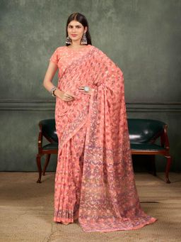 Garden VARELI - Peach Floral Brasso Saree Without Blouse