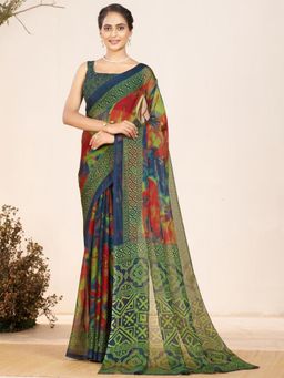 Garden VARELI - Green Printed Chiffon Saree Without Blouse