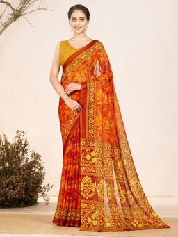 Garden VARELI - Orange Floral Chiffon Saree Without Blouse