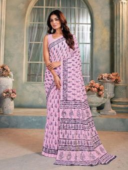 Garden VARELI - Pink Floral Viscose Saree Without Blouse