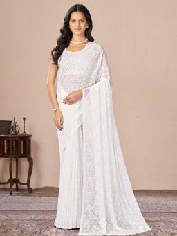 Garden VARELI - White Floral Brasso Saree Without Blouse