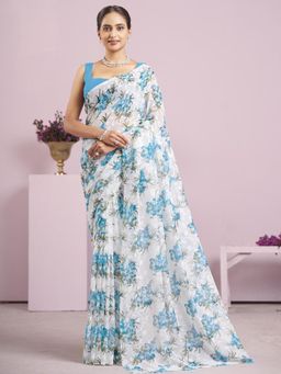 Garden VARELI - Teal Floral Viscose Saree Without Blouse