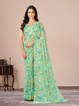 Garden VARELI - Green Floral Brasso Saree Without Blouse