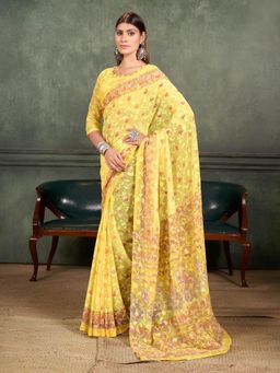 Garden VARELI - Yellow Floral Brasso Saree With Unstitched Blouse
