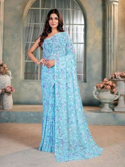 Garden VARELI - Blue Floral Viscose Saree Without Blouse