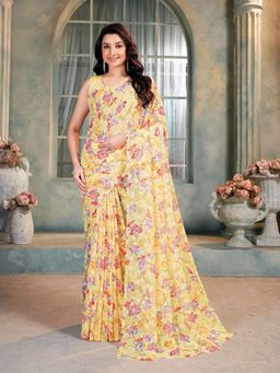 Garden VARELI - Yellow Floral Viscose Saree Without Blouse