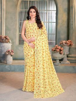 Garden VARELI - Yellow Floral Viscose Saree Without Blouse