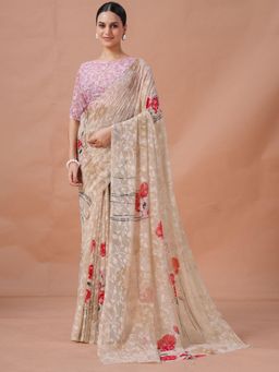 Garden VARELI - Beige Floral Viscose Saree Without Blouse